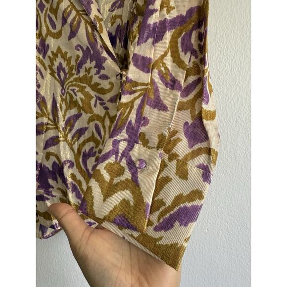 Zara Purple Metallic Gold Blazer And Pants 2 Piece‎ Set Wrap Kimono Cotton Sz L - Picture 6 of 13